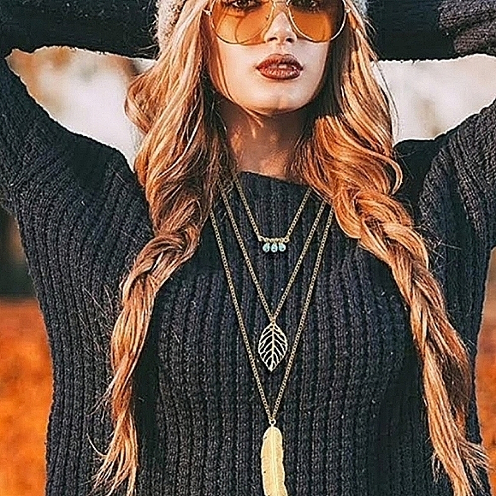 NEW Gold Feather Turquoise Layered Necklace‎